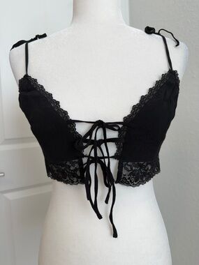 Garage Black Lace Crop Triple Tie Front Camisole Bow Bralette Style Top Small